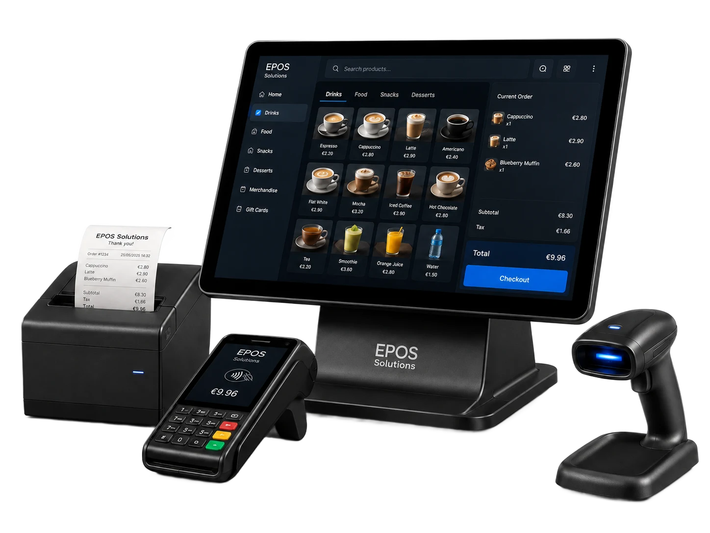 Complete EPOS setup with touchscreen, scanner and card terminal