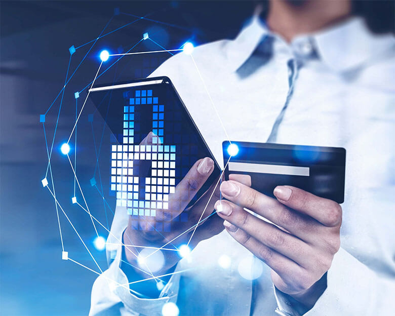 Secure online payment concept, woman with phone